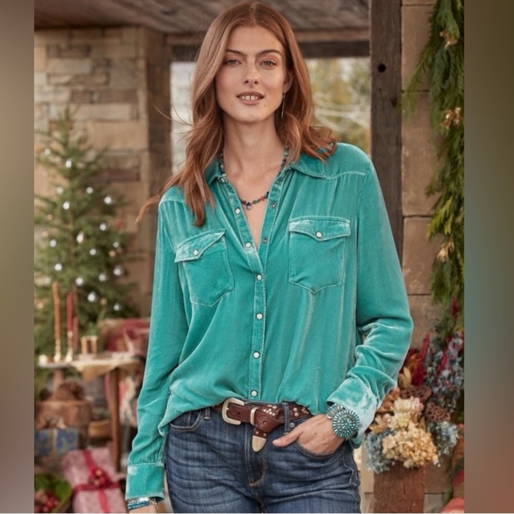 Sundance Cassity Velvet Button-Down Shirt Long Sleeve in Teal Turquoise XS